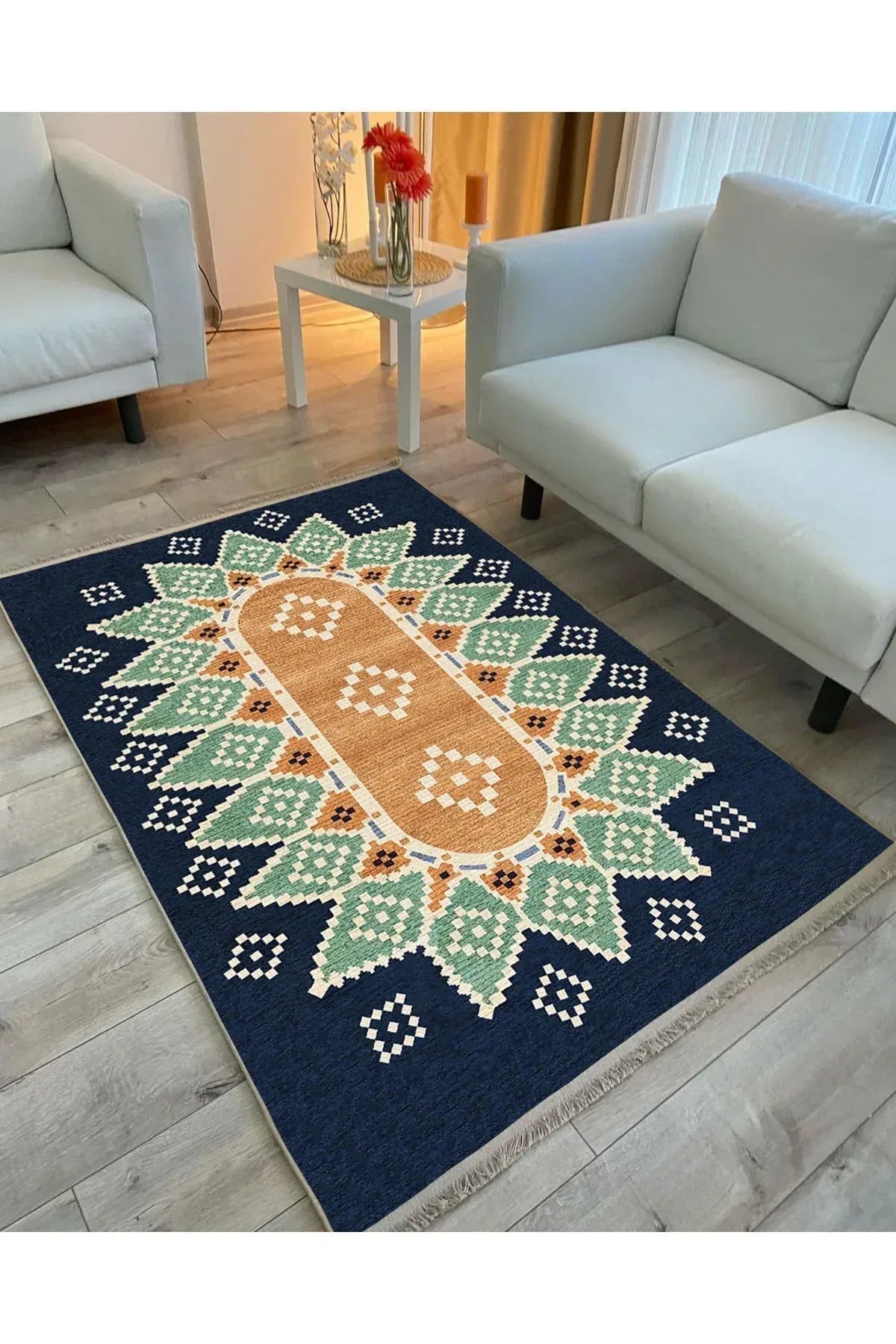 Halı Vagonu114 Mavi Tonlarında Klasık Dekoratif Kilim Salon Halısı Saçaklı Yıkanabilen Halı - HALI VAGONU