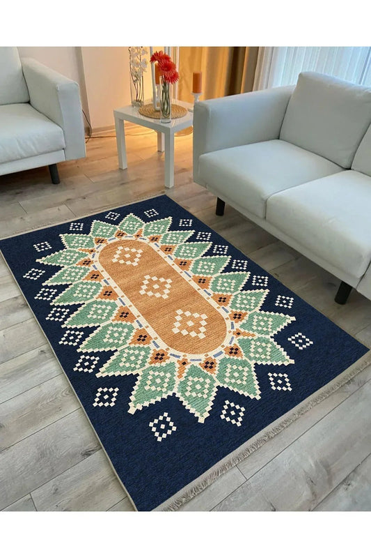 Halı Vagonu114 Mavi Tonlarında Klasık Dekoratif Kilim Salon Halısı Saçaklı Yıkanabilen Halı - HALI VAGONU