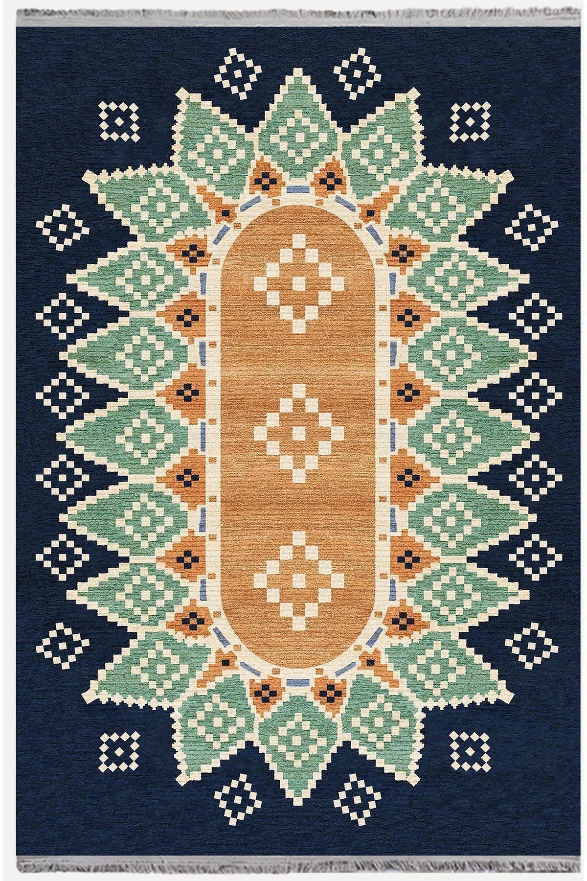Halı Vagonu114 Mavi Tonlarında Klasık Dekoratif Kilim Salon Halısı Saçaklı Yıkanabilen Halı - HALI VAGONU