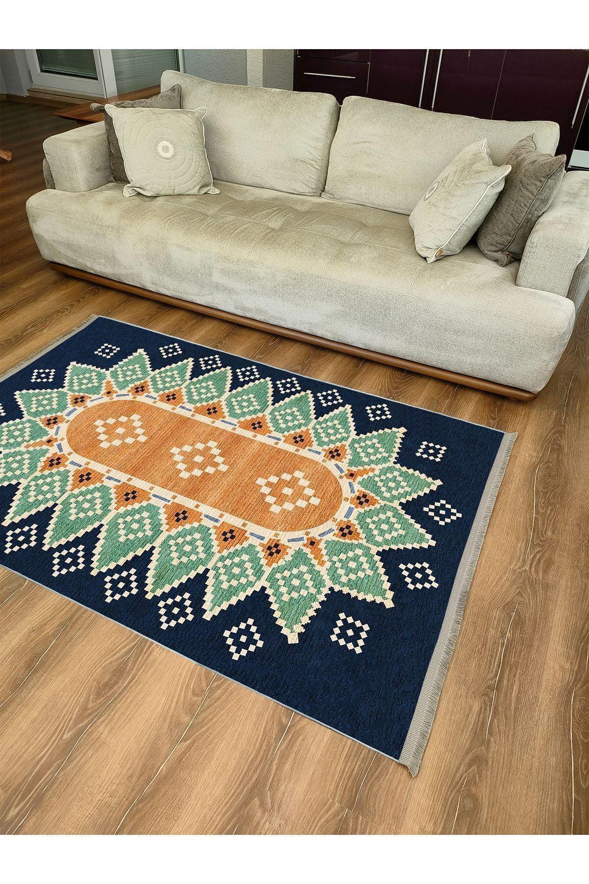 Halı Vagonu114 Mavi Tonlarında Klasık Dekoratif Kilim Salon Halısı Saçaklı Yıkanabilen Halı - HALI VAGONU