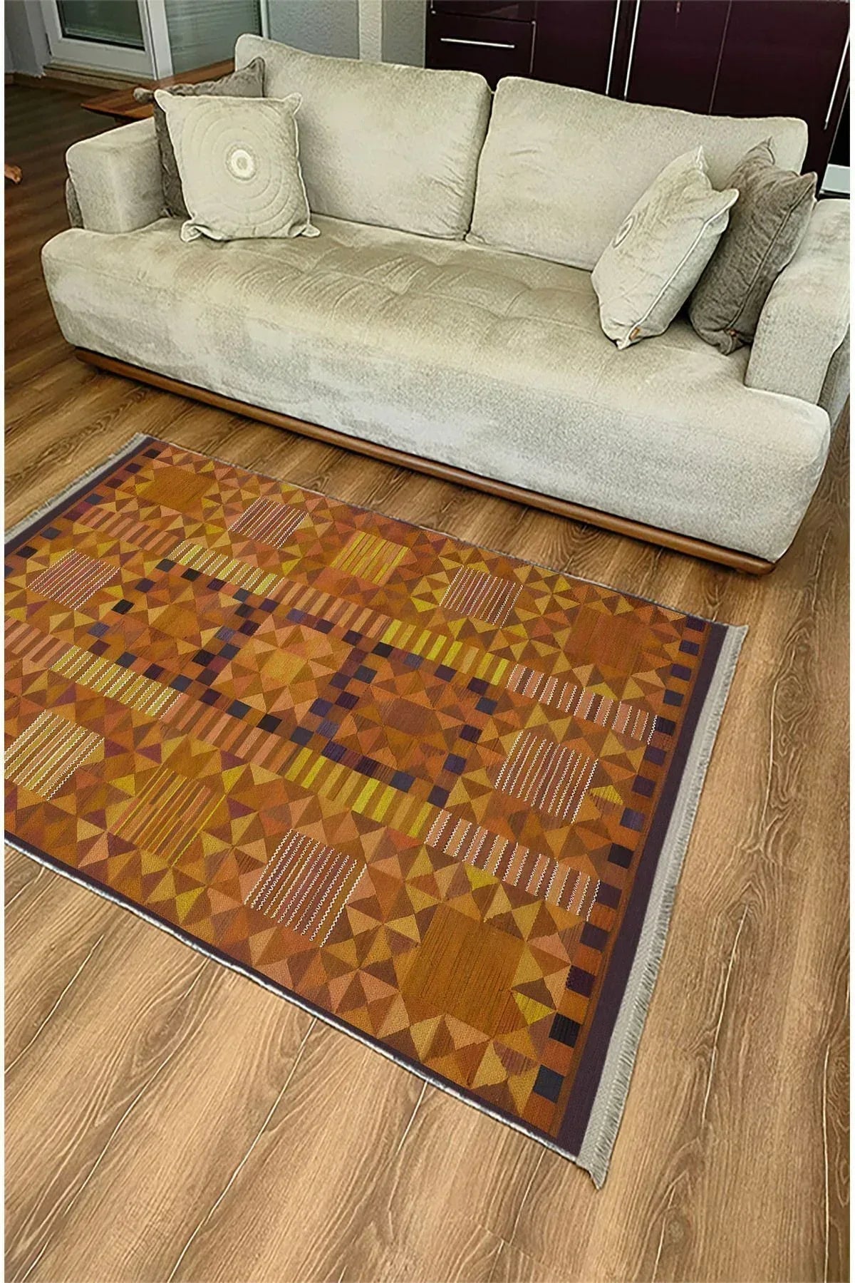 Halı Vagonu120 Etnik Otantik Hardal Tonlartında Dekoratif Salon Halısı Saçaklı Yıkanabilen Halı - HALI VAGONU