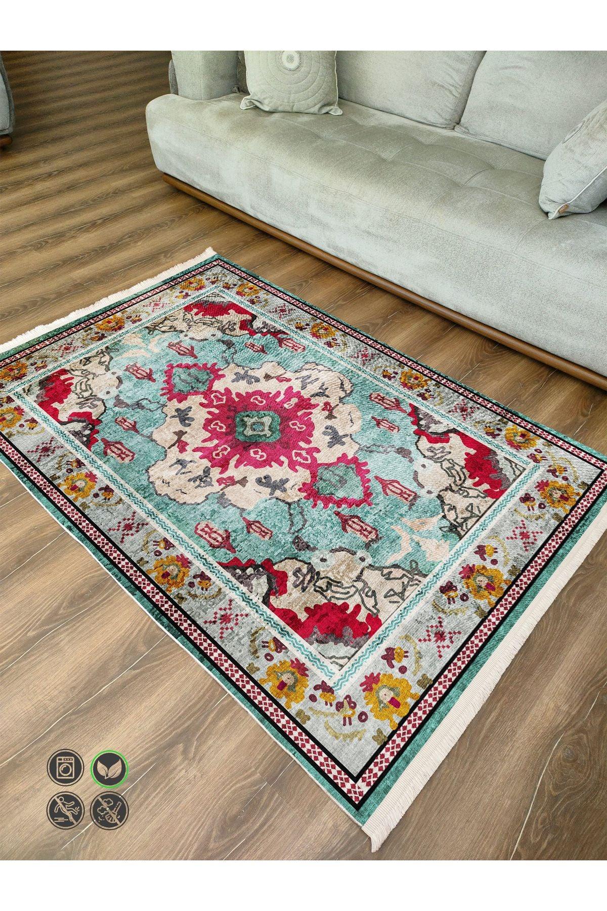 Halı VagonuTurkuaz ve Kırmızı Desenli Vintage Halı - Geleneksel ve Modern Tarz 2142 - HALI VAGONU