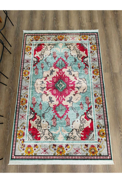 Halı VagonuTurkuaz ve Kırmızı Desenli Vintage Halı - Geleneksel ve Modern Tarz 2142 - HALI VAGONU