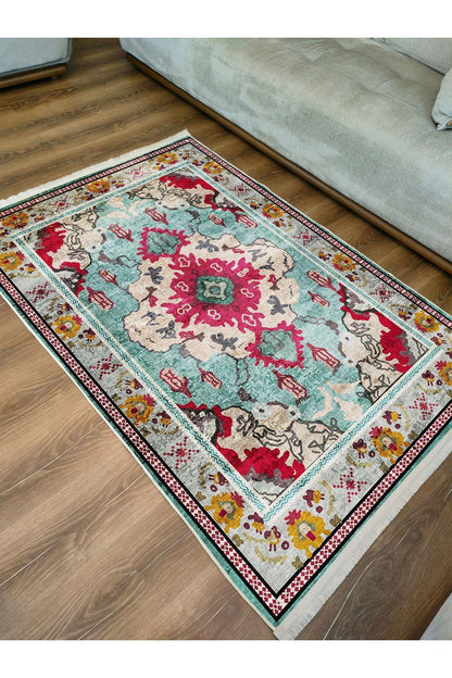 Halı VagonuTurkuaz ve Kırmızı Desenli Vintage Halı - Geleneksel ve Modern Tarz 2142 - HALI VAGONU