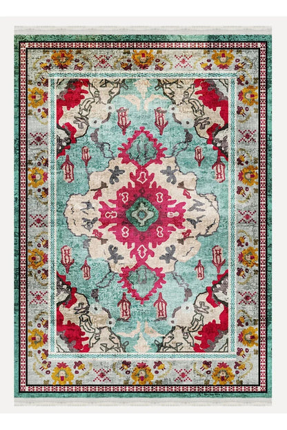 Halı VagonuTurkuaz ve Kırmızı Desenli Vintage Halı - Geleneksel ve Modern Tarz 2142 - HALI VAGONU