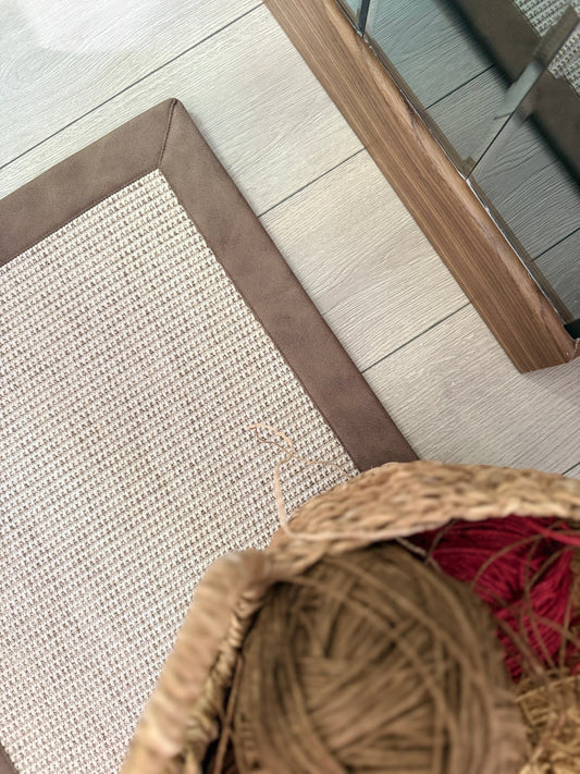 Himalaya 664 Krem - Kahve Deri Bordürlü Sisal Halı - El Yapımı, Dayanıklı, Modern Tasarım - HVHB48 C507 - HALI VAGONU