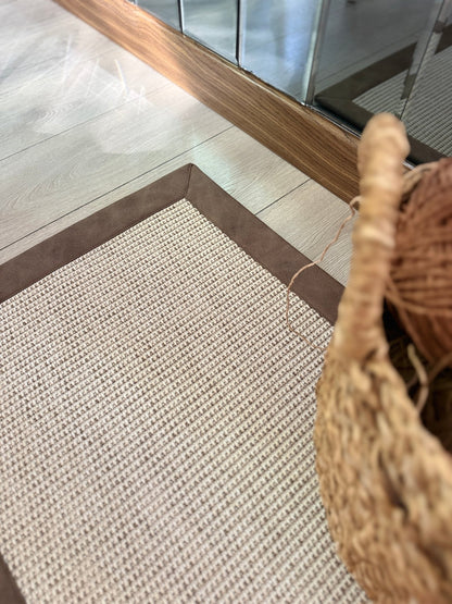 Himalaya 664 Krem - Kahve Deri Bordürlü Sisal Halı - El Yapımı, Dayanıklı, Modern Tasarım - HVHB48 C507 - HALI VAGONU