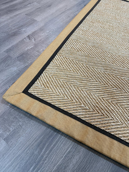 Himalaya 665 Bej Sarı Kahve Çift Renk Kumaş Bordürlü Sisal Halı - El Yapımı, Dayanıklı, Modern Tasarım - HVHB37 - HALI VAGONU