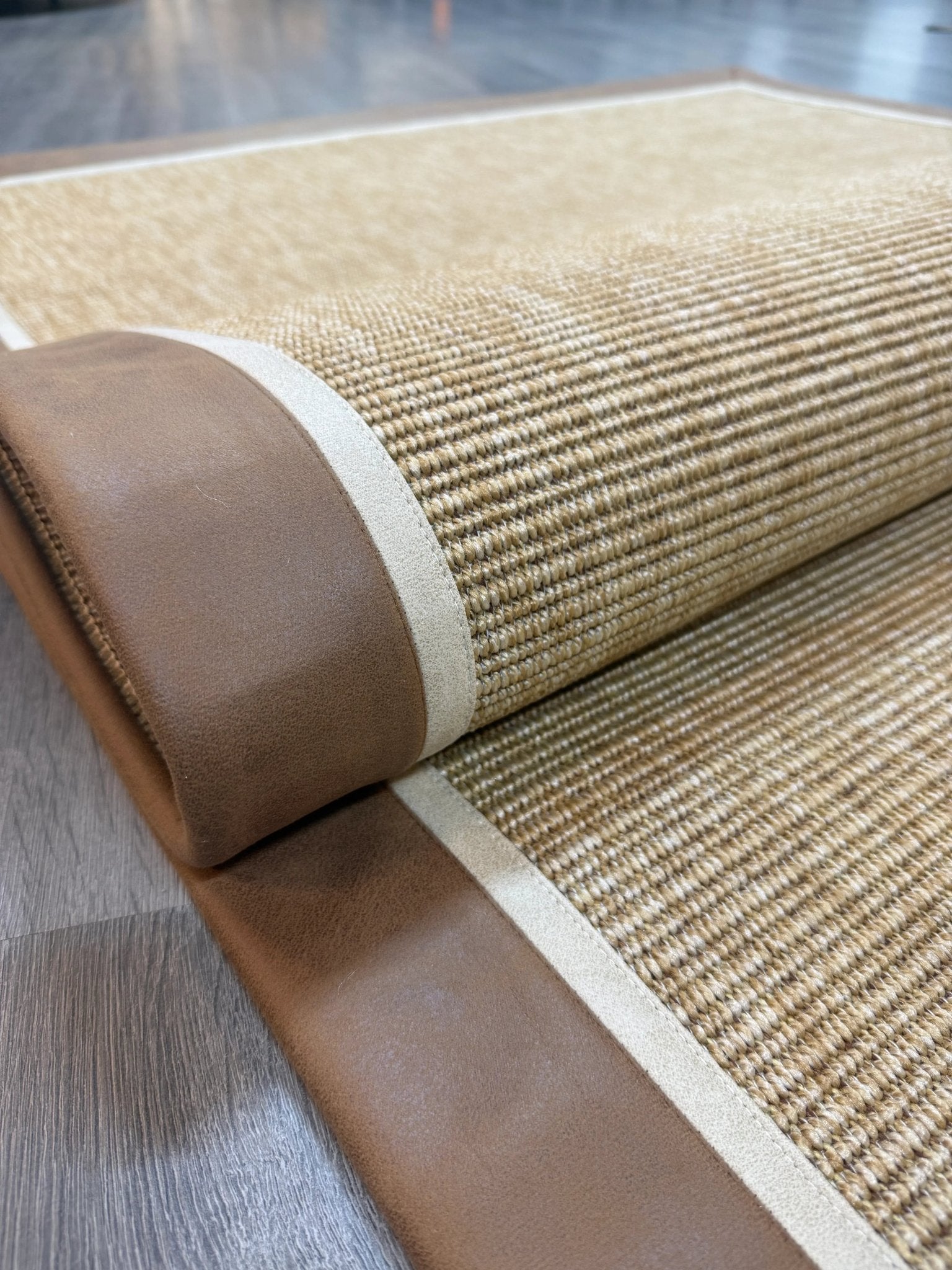 Himalaya Kahve Bej Çift Renk Deri Bordürlü 663 Gold Sisal Halı - El Yapımı, Dayanıklı, Modern Tasarım - HVHB29 - HALI VAGONU
