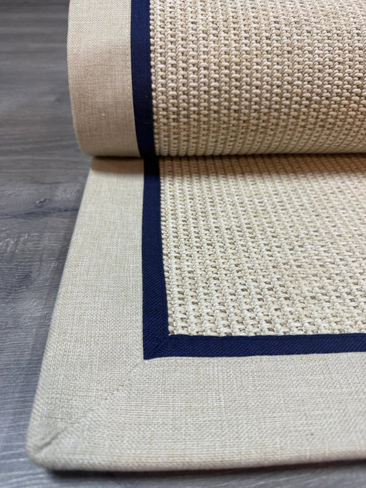 Himalaya Lacivert Bej Çift Renk Kumaş Bordürlü 664 Krem Sisal Halı - El Yapımı, Dayanıklı, Modern Tasarım - HVHB25 - HALI VAGONU