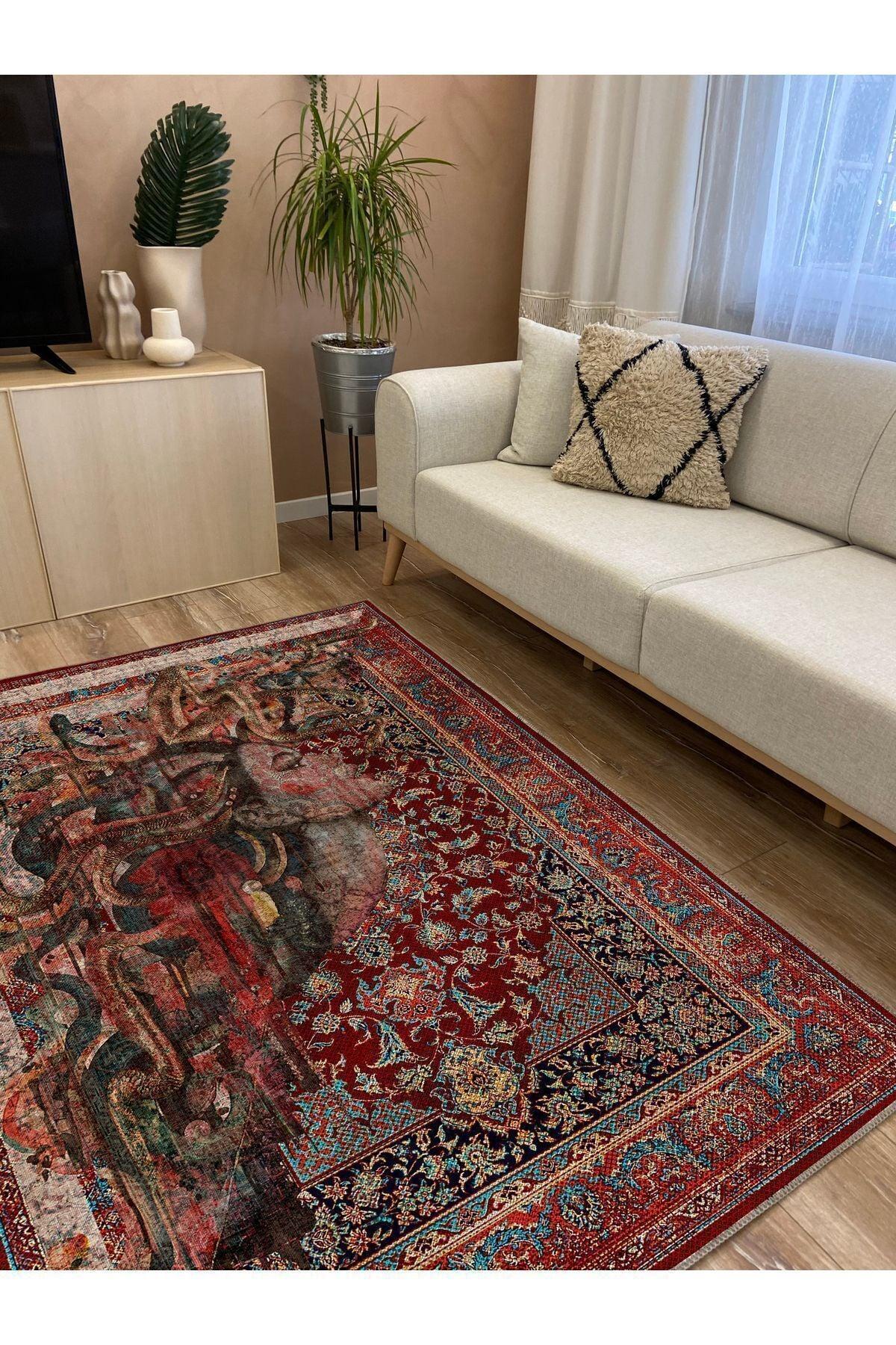 HV 123 Etnik Anadolu Halı Üzerine Kadın Suratı Dekoratif Salon Halısı Saçaklı Yıkanabilen Halı - HALI VAGONU