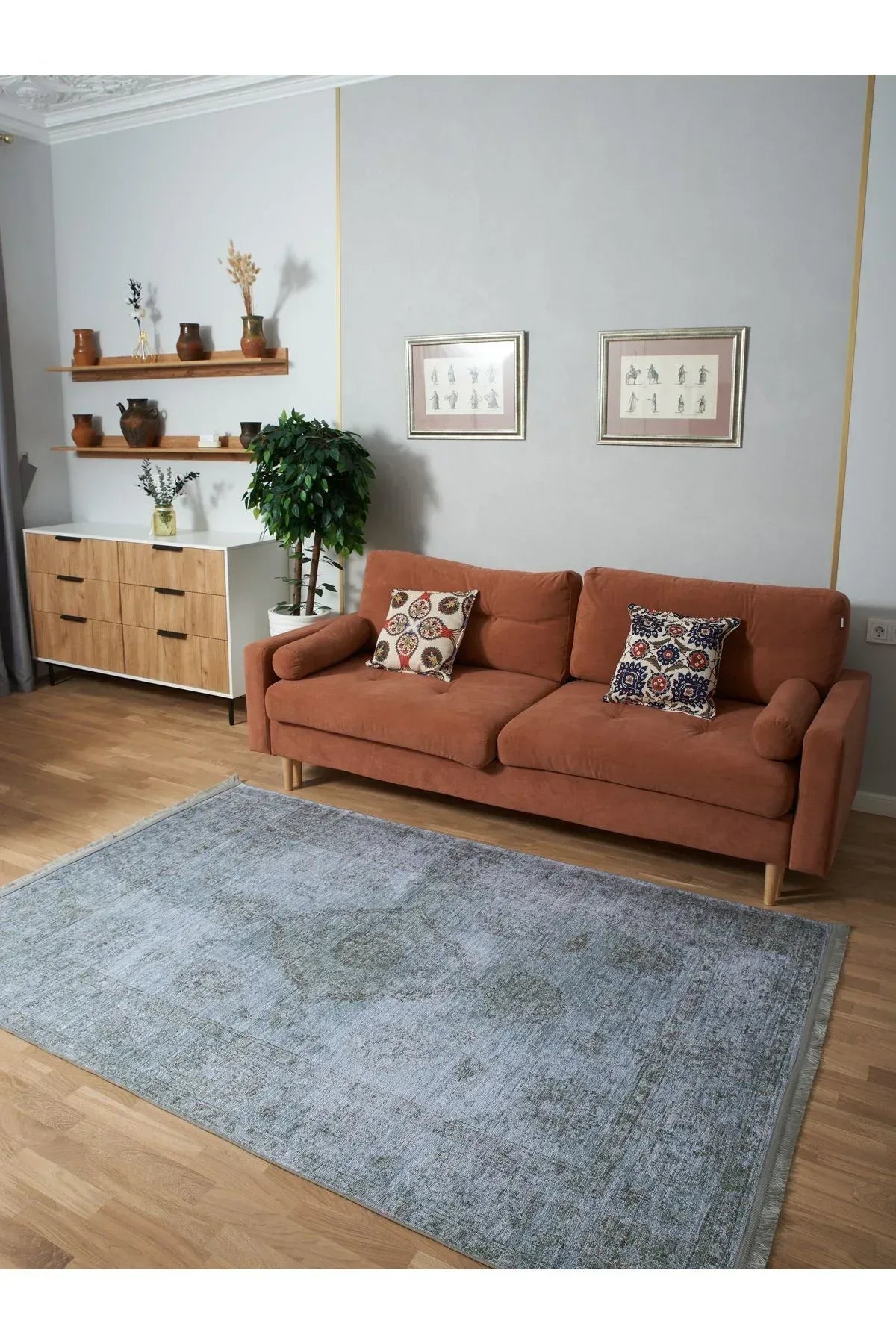 HV 2023 Pastel Mavi Gri Vintage Etnik Dokuma Taban Salon Halısı Mutfak Halısı Koridor Halısı - HALI VAGONU