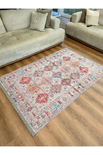 HV 2164 Renkli Desenli Yıkanabilir Kaymaz Tabanlı Salon Halısı, Koridor Ve Mutfak Halısı Kilim - HALI VAGONU
