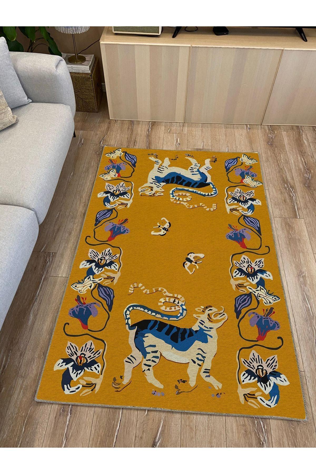HV 45 Modern Stil Hardal Kaplan Iskandinav Halı Ve Kilim Salon Halısı Yıkanabilen Dekoratif Halı - HALI VAGONU