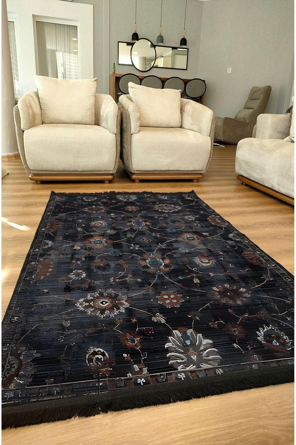 HV 54 Modern Stil Kreatif Siyah Halı Ve Kilim Salon Halısı Saçaklı Yıkanabilen Dekoratif Halı - HALI VAGONU