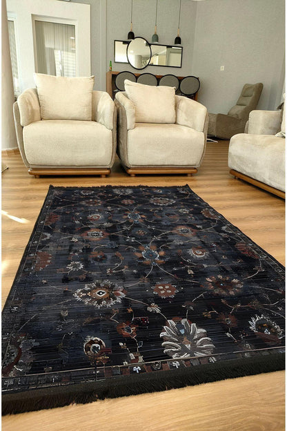 HV 54 Modern Stil Kreatif Siyah Halı Ve Kilim Salon Halısı Saçaklı Yıkanabilen Dekoratif Halı - HALI VAGONU