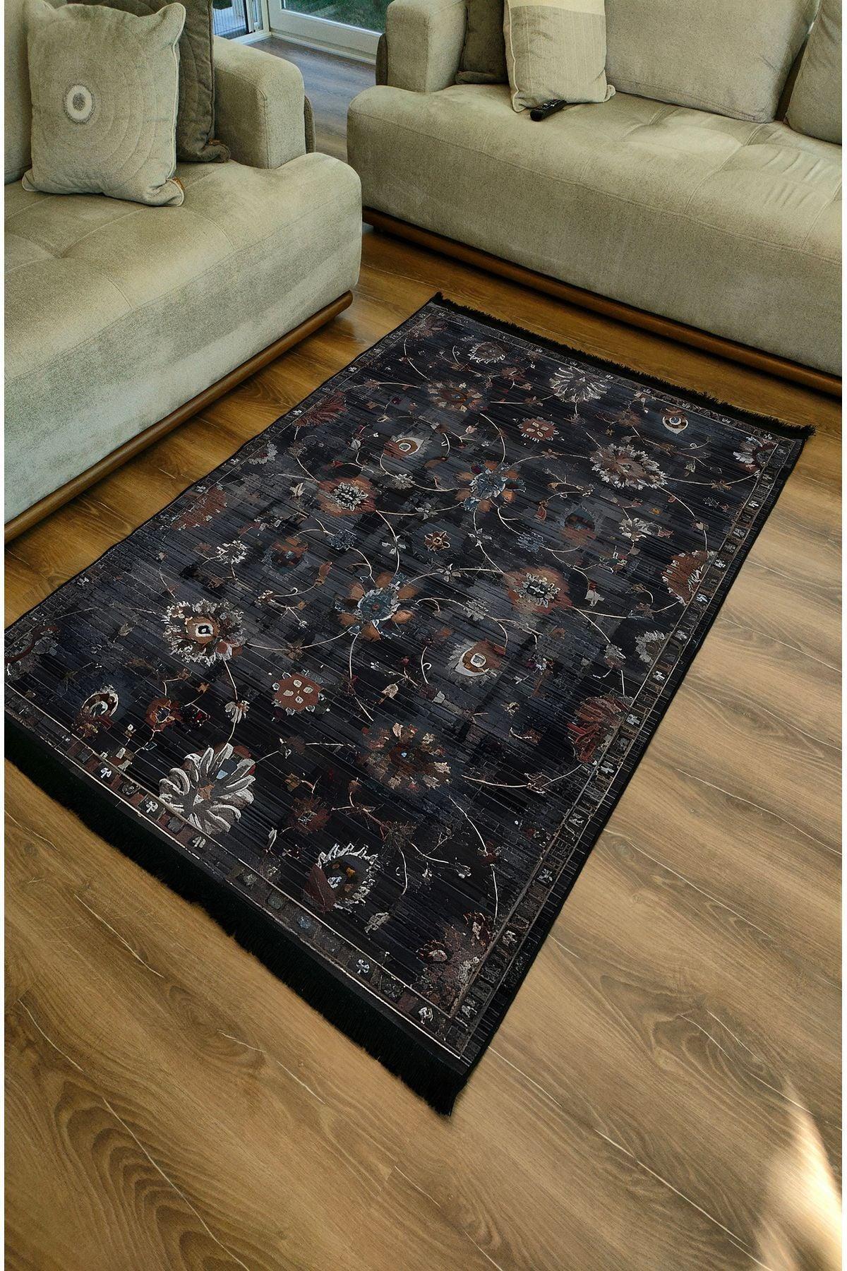 HV 54 Modern Stil Kreatif Siyah Halı Ve Kilim Salon Halısı Saçaklı Yıkanabilen Dekoratif Halı - HALI VAGONU