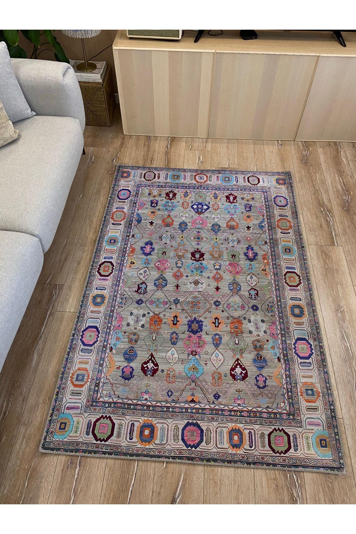 HV 60 Modern Stil Krem Ve Gri HV Halı Ve Kilim Salon Halısı Saçaklı Yıkanabilen Halı - HALI VAGONU