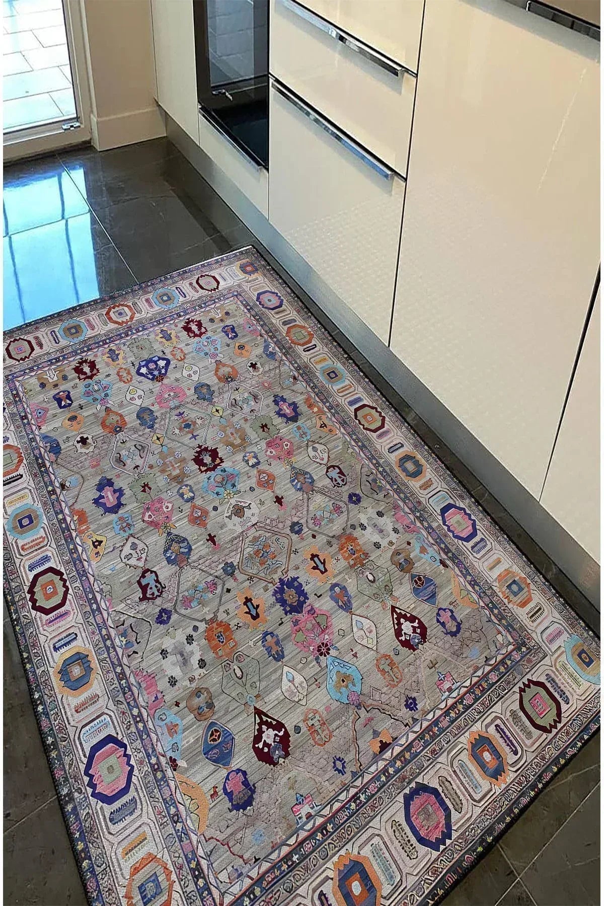 HV 60 Modern Stil Krem Ve Gri HV Halı Ve Kilim Salon Halısı Saçaklı Yıkanabilen Halı - HALI VAGONU