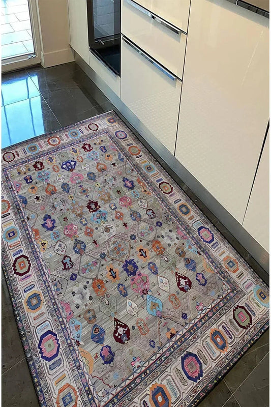 HV 60 Modern Stil Krem Ve Gri HV Halı Ve Kilim Salon Halısı Saçaklı Yıkanabilen Halı - HALI VAGONU