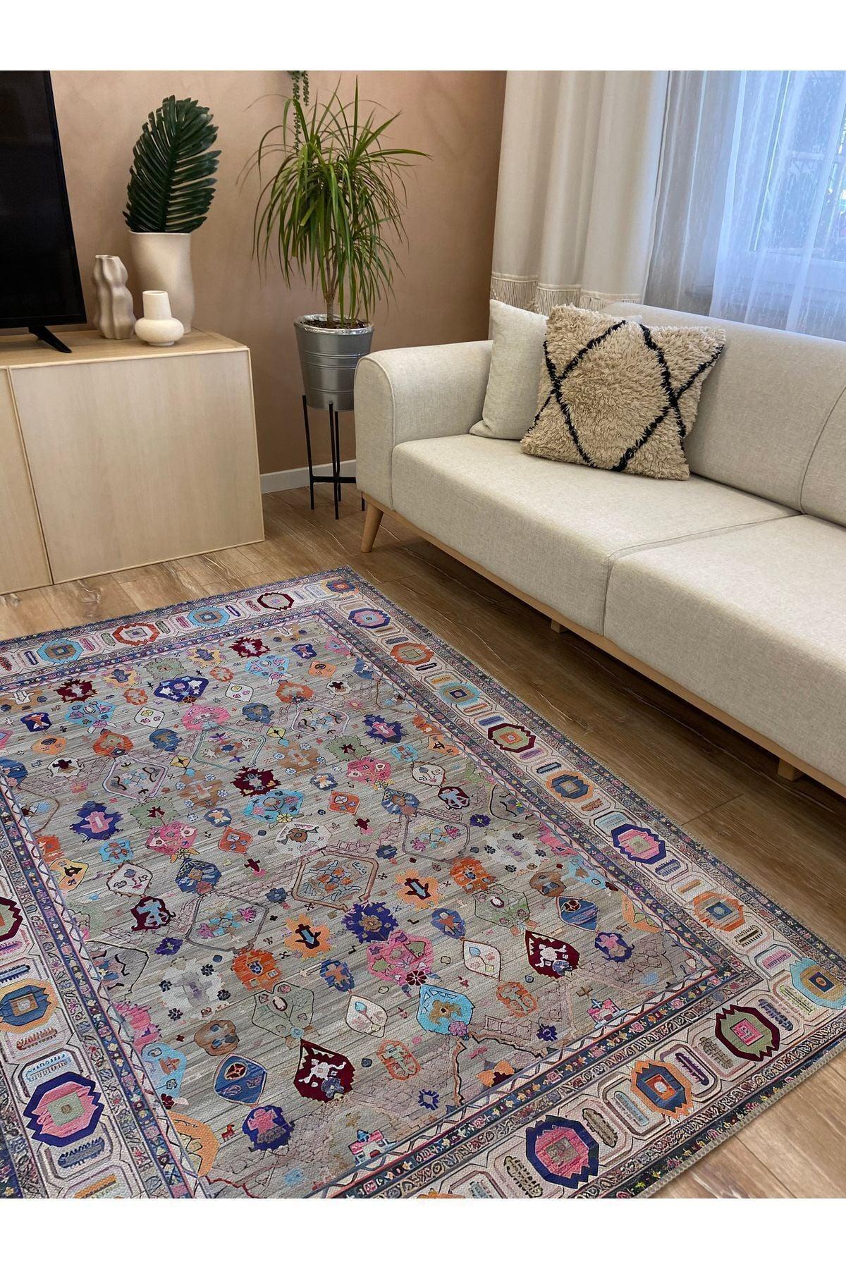 HV 60 Modern Stil Krem Ve Gri HV Halı Ve Kilim Salon Halısı Saçaklı Yıkanabilen Halı - HALI VAGONU