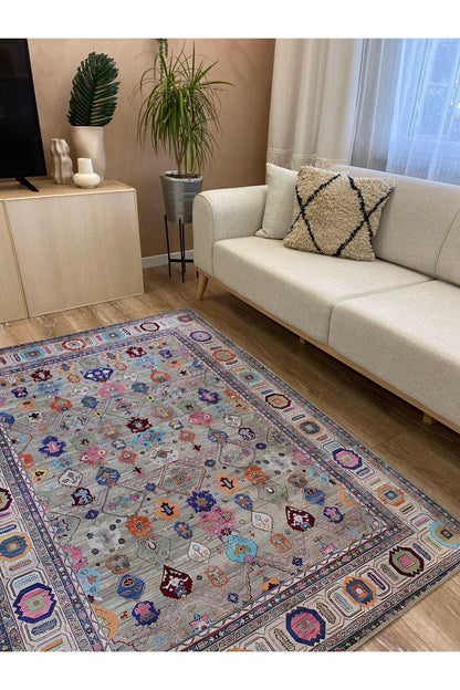 HV 60 Modern Stil Krem Ve Gri HV Halı Ve Kilim Salon Halısı Saçaklı Yıkanabilen Halı - HALI VAGONU