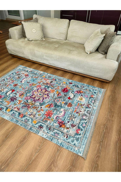 HV s 2165 Renkli Çiçek Desenli Yıkanabilir Kaymaz Tabanlı Salon Halısı, Koridor Ve Mutfak Halısı - HALI VAGONU