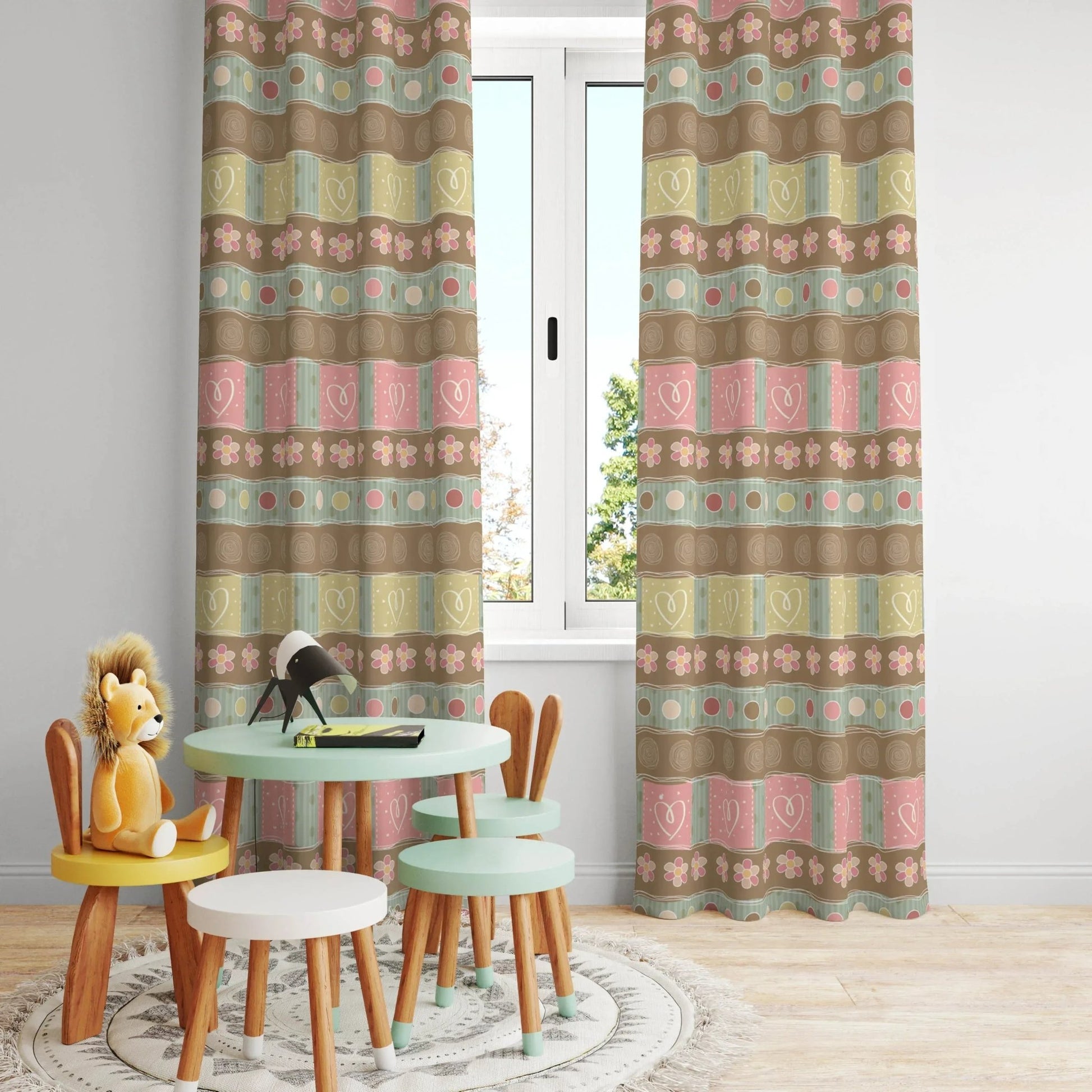 HV127 Etnik Desenli Pastel Tonlarda Çocuk Odası Kadife Kumaş Fon Perde - HALI VAGONU