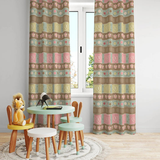 HV127 Etnik Desenli Pastel Tonlarda Çocuk Odası Kadife Kumaş Fon Perde - HALI VAGONU