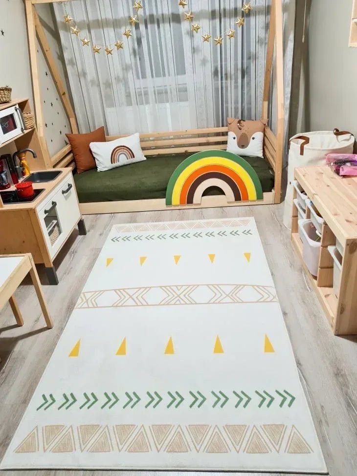 HV203Y Yeşil Kahve Sarı İskandinav Desenli Çocuk Halısı - Yumuşak, Kolay Temizlenebilir, 3 Kalite Seçeneği - HALI VAGONU