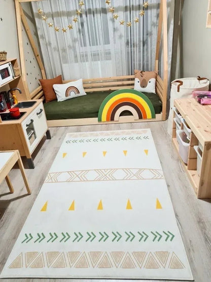 HV203Y Yeşil Kahve Sarı İskandinav Desenli Çocuk Halısı - Yumuşak, Kolay Temizlenebilir, 3 Kalite Seçeneği - HALI VAGONU