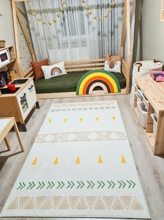 HV203Y Yeşil Kahve Sarı İskandinav Desenli Çocuk Halısı - Yumuşak, Kolay Temizlenebilir, 3 Kalite Seçeneği - HALI VAGONU