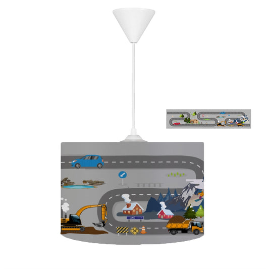 HV303 Açık Gri Yol Desenli Çocuk Odası Sarkıt Avize; yumuşak dokulu tay tüyü kumaş kaplama, 30cm çap, ayarlanabilir kablo uzunluğu ile modern ve kullanışlı bir aydınlatma aracı.