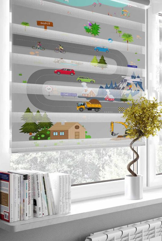 HV303 Trafikli Açık Gri Zebra Perde