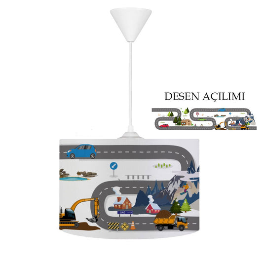 HV303B Beyaz Trafikli Çocuk Odası Sarkıt Avize, petsiz tay tüyü kumaş kaplama, kolay temizlenebilir ve leke tutmaz özelliğiyle, 30 cm çapında ve 20 cm yüksekliğinde, ayarlanabilir kablo boyu ile çocuk odası için ideal aydınlatma.
