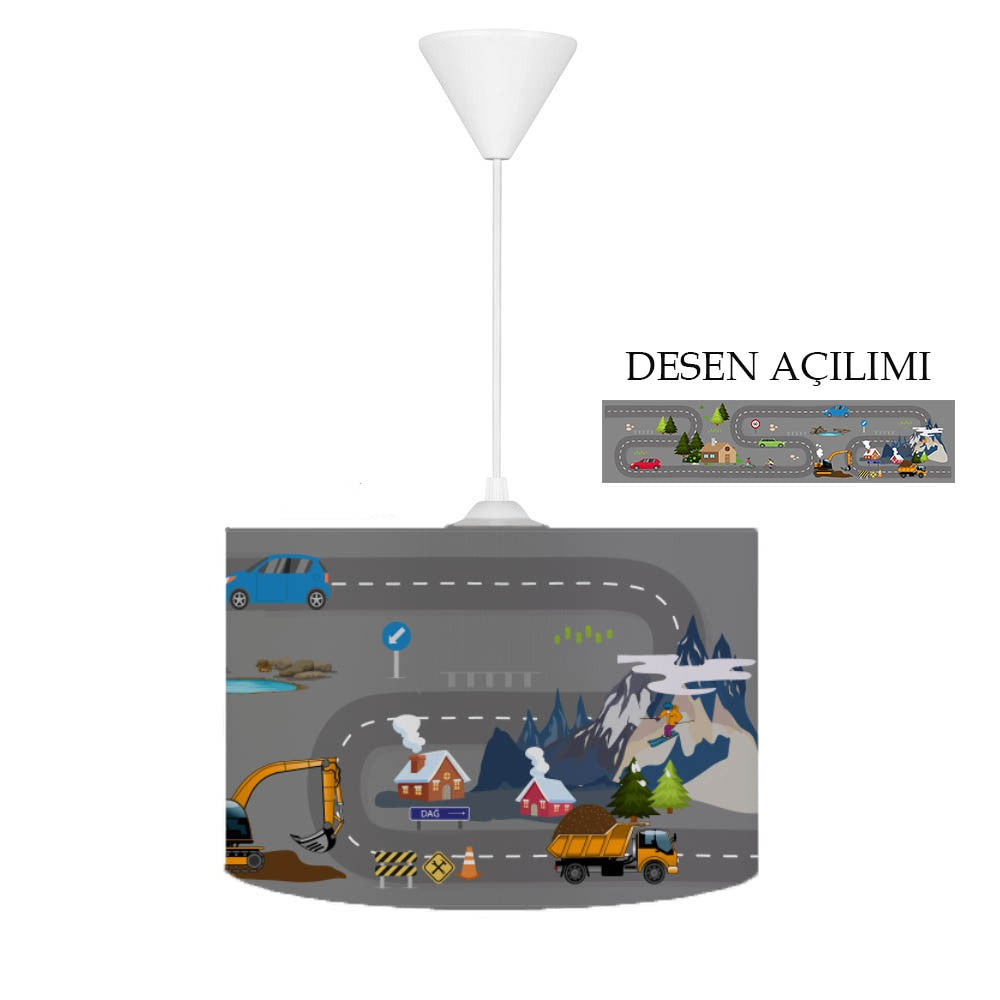 HV303Gri Trafikli Çocuk Odası Sarkıt Avize - Yumuşak dokulu tay tüyü kumaş kaplama, leke tutmaz ve kolayca temizlenebilir, 30cm çapında ve 20cm yüksekliğinde, ayarlanabilir askı kablosu ile.