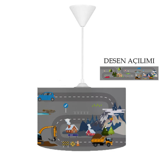 HV303Gri Trafikli Çocuk Odası Sarkıt Avize - Yumuşak dokulu tay tüyü kumaş kaplama, leke tutmaz ve kolayca temizlenebilir, 30cm çapında ve 20cm yüksekliğinde, ayarlanabilir askı kablosu ile.