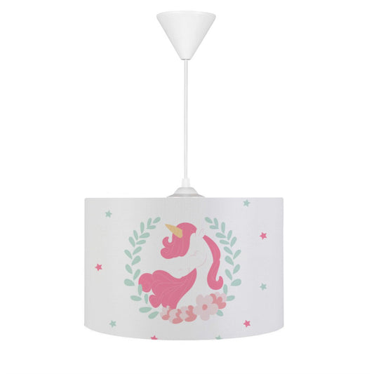 HV308B Unicorn Çocuk Odası Sarkıt Avize, 30cm çapında, 20cm yüksekliğinde, yumuşak tay tüyü kumaş kaplama, çocuk odası dekorasyonu için ideal, kolay temizlenebilir ve ayarlanabilir yükseklik özelliği ile.