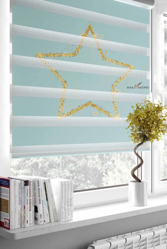 HV309YA Yıldızlı Su Yeşili Zebra Perde, modern ev dekorasyonu için şık bir seçenek. Gece gündüz kullanılabilir özellikte.