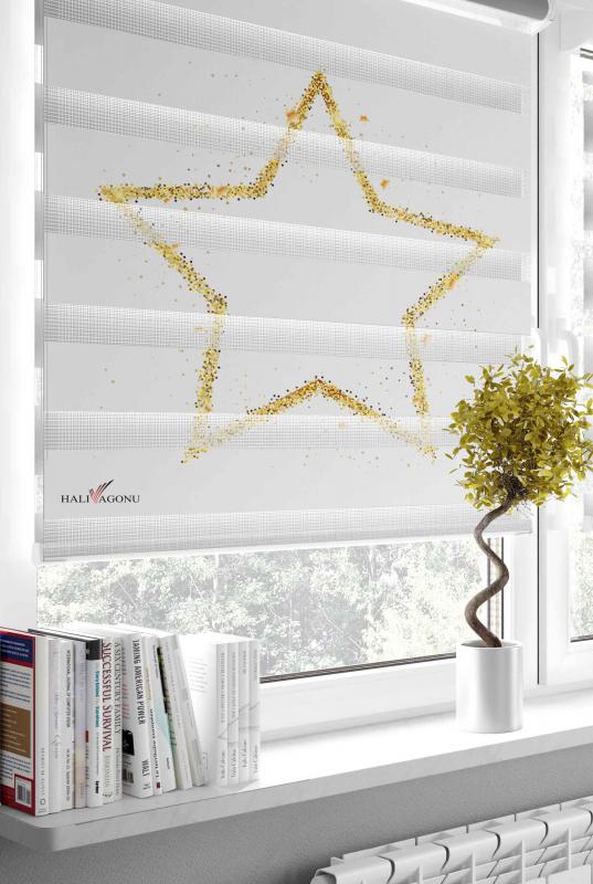 HV309BA Altın Yıldızlı Beyaz Zebra Perde görünümü, şık ve modern tasarımıyla ev dekorasyonunuza zarafet katacak.