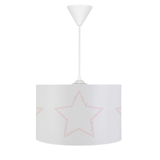 HV309 Yıldızlı Beyaz Pembe Çocuk Odası Sarkıt Avize, yumuşak dokulu tay tüyü kumaş kaplama, 30cm çap, 20cm yükseklik, 55cm ayarlanabilir kablo boyu ile çocuk odası için ideal aydınlatma.