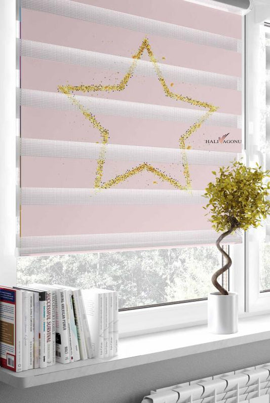 HV309PA Gold Yıldızlı Pembe Zebra Perde, şık ve modern tasarımıyla ev dekorasyonuna sıcaklık katıyor.