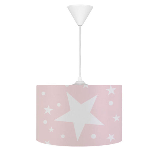 HV314PB Yıldızlı Pembe Beyaz Odası Sarkıt Avize, 30 cm çap ve 20 cm yükseklikte, pembe ve beyaz tay tüyü kumaş kaplama, kolay temizlenebilir, modern tasarım.