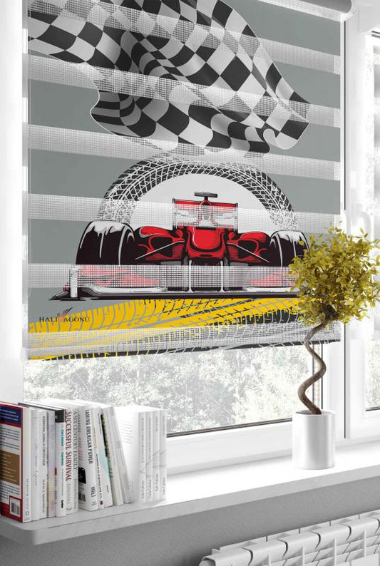 HV316G Yarış Arabalı Gri Zebra Perde - Modern ve şık tasarımıyla yaşam alanlarınıza renk katacak, kaliteli polyester malzeme ve pratik kullanımıyla dikkat çeken zebra perde modelidir.