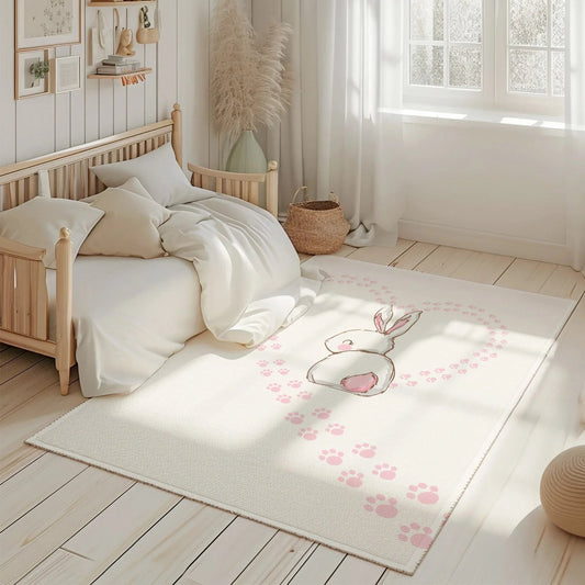 HV331 Pembe Kalp ve Tavşanlı Çocuk Odası Halısı - Yumuşak, Kolay Temizlenebilir, 3 Kalite Seçeneği - HALI VAGONU