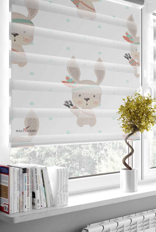 HV332 Okçu Tavşan Zebra Perde - Modern ve şık zebra perde modeli, ev dekorasyonu için ideal.