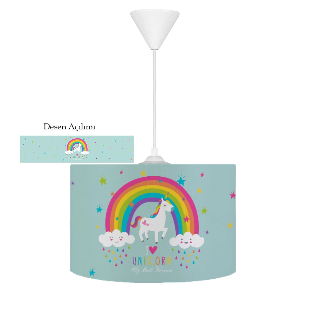 HV336M Unicorn Su Yeşili Çocuk Odası Sarkıt Avize, yumuşak dokulu tay tüyü kumaş kaplama, 30cm çap, 20cm yükseklik, kolay temizlenebilir, E27 duy tipi.