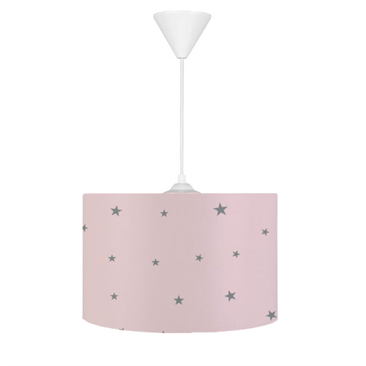 HV338 Gri Yıldızlı Pembe Çocuk Odası Sarkıt Avize, yumuşak tay tüyü kumaş kaplama, leke tutmaz, ayarlanabilir yükseklik, 30cm çap, E27 duy tipi ile modern bir çocuk odası aydınlatması.