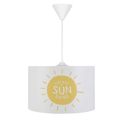 HV366 You Are My Sunshine Çocuk Odası Sarkıt Avize, 30 cm çapında, 20 cm yüksekliğinde, kolay temizlenebilir tay tüyü kumaş kaplama, ayarlanabilir 55 cm kablo boyu ile çocuk odası için şık aydınlatma.