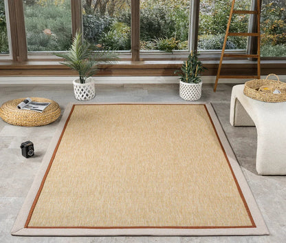 Krem Terracotta Çift Renk Kumaş Bordürlü Sisal Halı - El Yapımı, Dayanıklı, Modern Tasarım - HVHB12 - HALI VAGONU